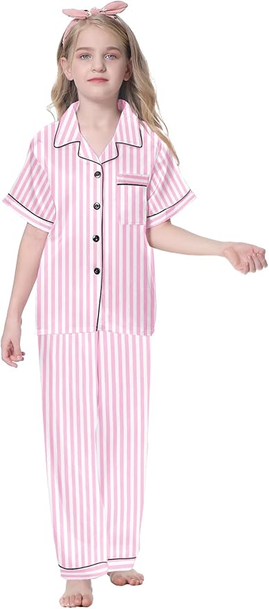 Umeyda Girls Womens Pajamas Set, Satin Silky Button Down Loungewear 2 Piece Short Sleeve Pants PJS Sets for Mommy Kids