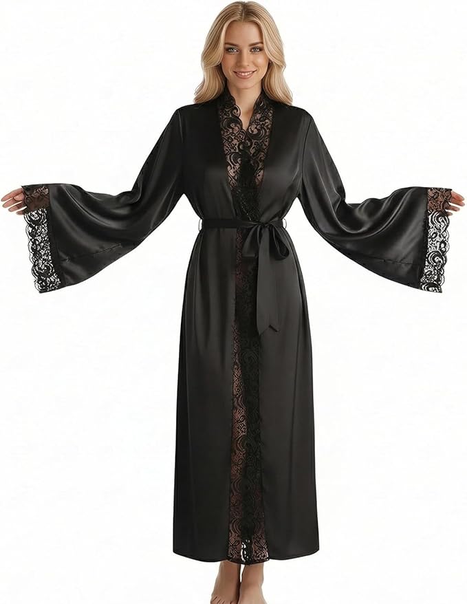 Women Sexy Satin Lace Robe,Long Sleeve Silk Bathrobe with Belt Soft Lightweight Full Length Sleepwear