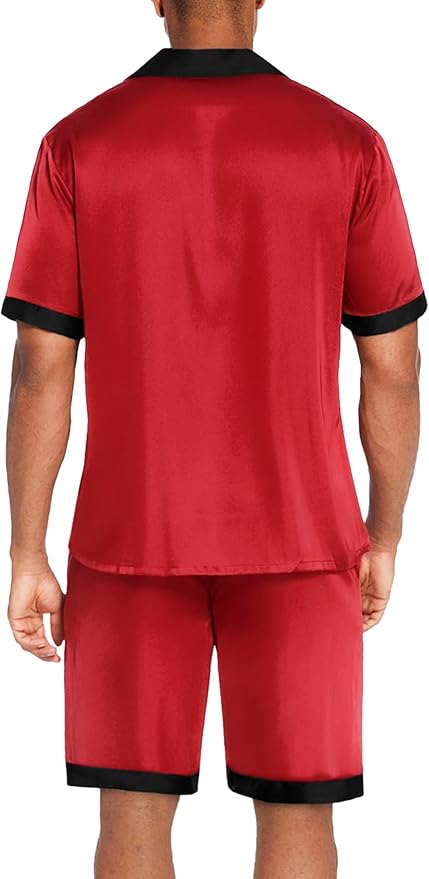 Ekouaer Men Satin Silk Pajamas Set with Pockets Sleepwear Shorts Satin Summer Loungewear 2 Piece Button Down Set S-3XL