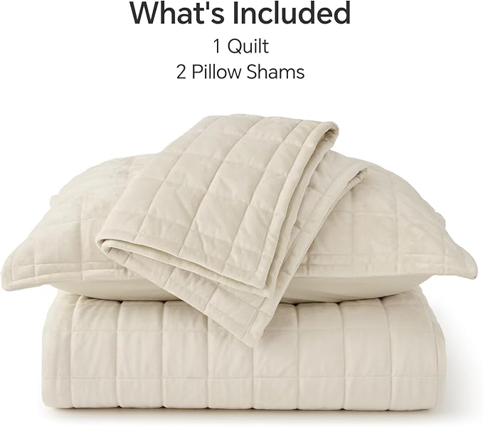 BEDELITE Velvet Quilt Set Queen Size - Luxury Velvet Comforter Bedding Set 3 Pieces, Soft Cozy Cream White Oversized Bedspread Coverlet for All Seasons with 2 Pillow Shams