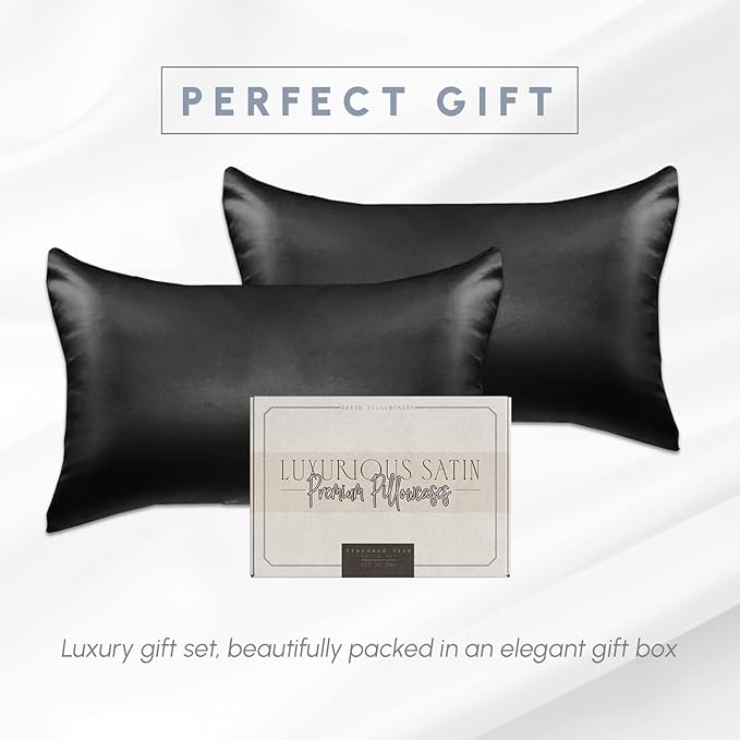 Elegant Comfort 2-Pack Cooling Viscose Satin Pillowcase Set with Hidden Zipper Closure, Silky Smooth for Best Hair and Skin Care-Beautiful Gift Box-2-Piece Satin Pillowcase Set, Standard/Queen, Black