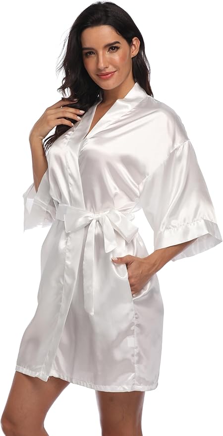 Women's Satin Kimono Robe Wedding Getting Ready Silky Bathrobe Short Bridesmaid Dressing Gown