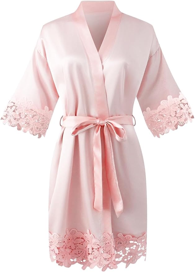 Womens Short Satin Robe Lace Trim Silk Kimono Sleepwear Bridesmaid Robes for Bride Wedding Party Nightgown