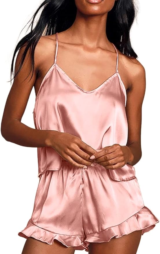 CHYRII Women's Sexy Silk Satin Ruffled Pajamas Sets Cami Shorts Sets Sleepwear