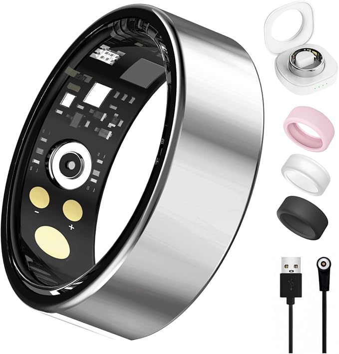 Smart Ring for Women Men, Health Tracker with Heart Rate/Blood Oxygen/Blood Pressure/Sleep Monitor/Step Counting, IP68 Waterproof Fitness Ring, No App Fees for iPhone & Android (Silver, 13#)