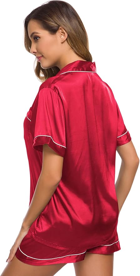 SWOMOG Womens Silk Satin Pajamas Set Short Sleeve Sleepwear Button Down Top and Shorts Loungewear 2 Piece Pjs Set XS-3XL