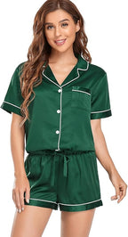 Serenedelicacy Women's Satin Pajama Set 2-Piece Sleepwear Loungewear Button Down Short Sleeve Silky PJ Set