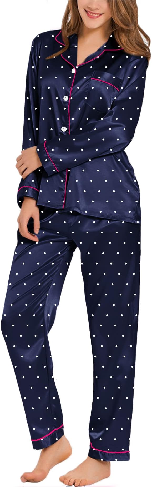 SWOMOG Womens Silk Satin Pajamas Set Long Sleeve Button Down Sleepwear 2 Piece Lounge Set Pj Set XS-3XL