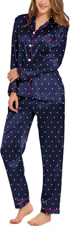 SWOMOG Womens Silk Satin Pajamas Set Long Sleeve Button Down Sleepwear 2 Piece Lounge Set Pj Set XS-3XL
