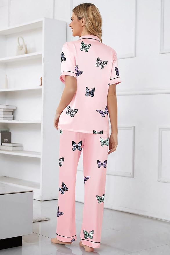 Umeyda Girls Womens Pajamas Set, Satin Silky Button Down Loungewear 2 Piece Short Sleeve Pants PJS Sets for Mommy Kids