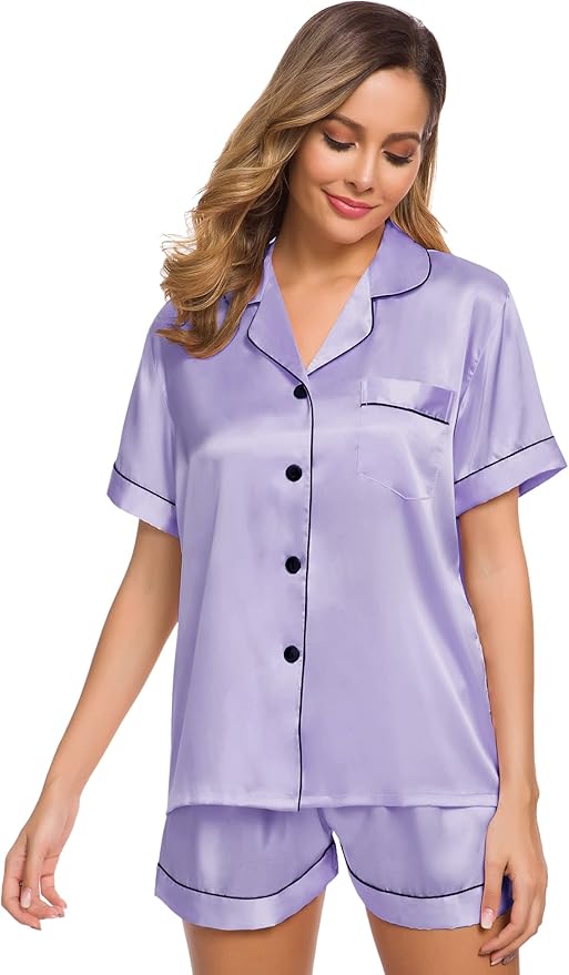 SWOMOG Womens Silk Satin Pajamas Set Short Sleeve Sleepwear Button Down Top and Shorts Loungewear 2 Piece Pjs Set XS-3XL