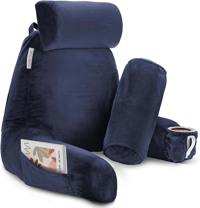 Clara Clark Reading Pillow with Shredded Memory Foam Includes 2 Neck and Lumber Support Pillows, Designed for Sitting Up in Bed and Couch, Back and Arms Adjustable Support for Adults & Teens Navy Blue