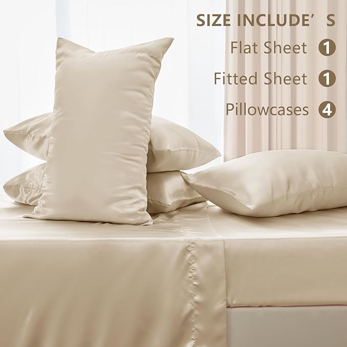 CozyLux Satin Sheets Queen Size Bed Set - 6 Piece Silky Queen Sheet Set, Luxury Champagne Queen Sheets with Smooth and Soft Microfiber, Includes 1 Fitted Sheet, 1 Flat Sheet and 4 Pillowcases