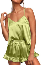 CHYRII Women's Sexy Silk Satin Ruffled Pajamas Sets Cami Shorts Sets Sleepwear