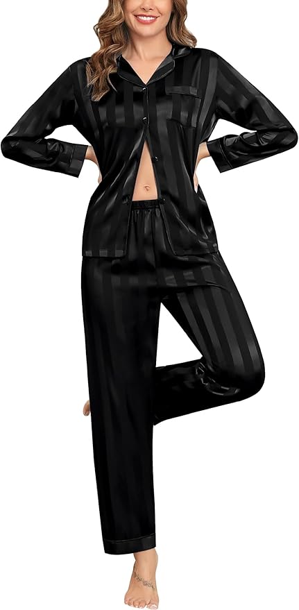 SWOMOG Womens Silk Satin Pajamas Set Long Sleeve Button Down Sleepwear 2 Piece Lounge Set Pj Set XS-3XL