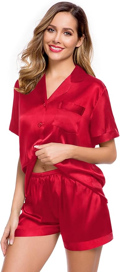 LecGee Womens Silk Satin Pajamas Short Sleeve Loungewear Two-Piece Sleepwear Button-Down Pj Set