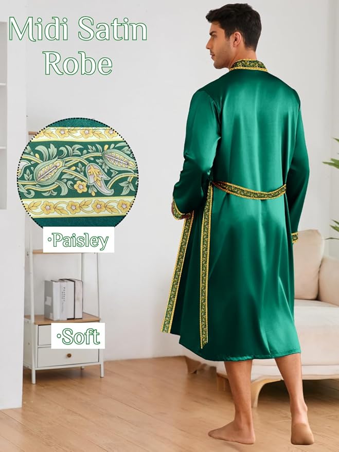 ChiaoLezhee Mens Satin Bath Robe with Shorts Set, Silk Paisley Kimono Lightweight, Soft Long Sleeve Sleepwear