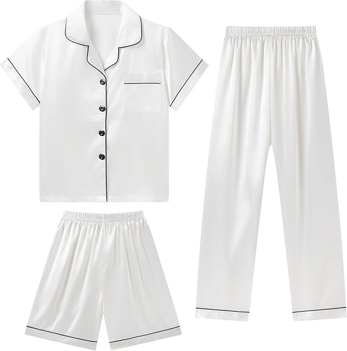 DIPUG 3 Piece Girls Silk Pajamas Set Soft Satin PJs Sleepwear for Comfortable Nights