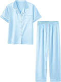 Umeyda Girls Womens Pajamas Set, Satin Silky Button Down Loungewear 2 Piece Short Sleeve Pants PJS Sets for Mommy Kids