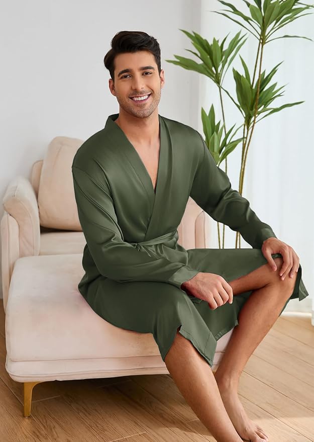 ZUEVI Men's Kimono Robe Set Silk Satin Long Sleeve Bathrobe with Shorts 2 PCS Sleepwear Pjs Sets