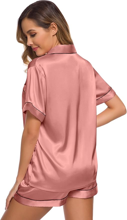 SWOMOG Womens Silk Satin Pajamas Set Short Sleeve Sleepwear Button Down Top and Shorts Loungewear 2 Piece Pjs Set XS-3XL