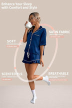 CHYRII Women's Silk Satin Pajamas Two Piece Pj Sets Short Sleeve Tops Ruffled Shorts Sleepwear with Magnetic Diffuser