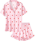 Umeyda Girls & Women Satin Pajamas Set Button Down 2 Piece Silk Pjs Shorts Set Ruffle Sleepwear, 5 Years-Women L