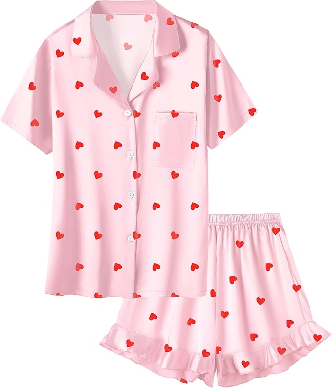 Umeyda Girls & Women Satin Pajamas Set Button Down 2 Piece Silk Pjs Shorts Set Ruffle Sleepwear, 5 Years-Women L