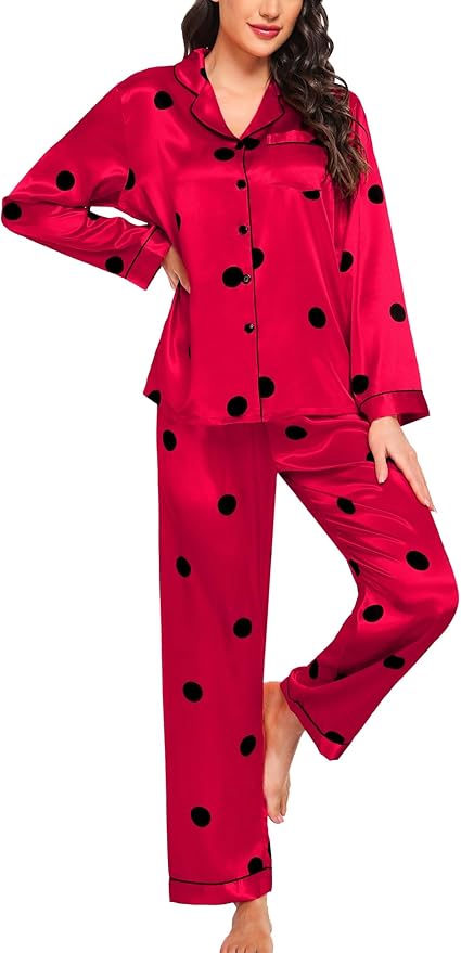 SWOMOG Womens Silk Satin Pajamas Set Long Sleeve Button Down Sleepwear 2 Piece Lounge Set Pj Set XS-3XL