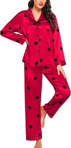 SWOMOG Womens Silk Satin Pajamas Set Long Sleeve Button Down Sleepwear 2 Piece Lounge Set Pj Set XS-3XL