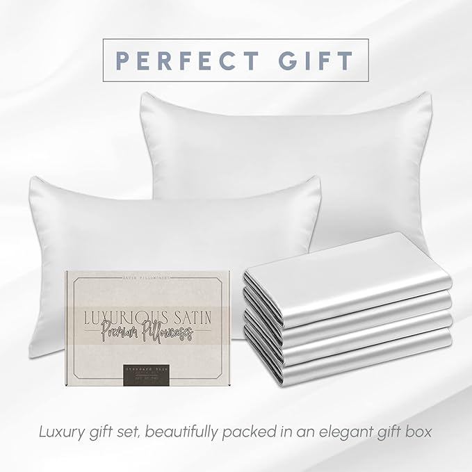 Elegant Comfort 6-Pack Cooling Viscose Satin Pillowcase Set with Hidden Zipper Closure, Silky Smooth for Best Hair and Skin Care-Beautiful Gift Box-6-Piece Satin Pillowcase Set, King, White