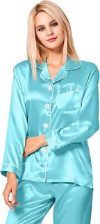 SWOMOG Womens Silk Satin Pajamas Set Long Sleeve Button Down Sleepwear 2 Piece Lounge Set Pj Set XS-3XL