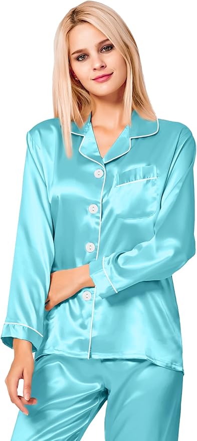 SWOMOG Womens Silk Satin Pajamas Set Long Sleeve Button Down Sleepwear 2 Piece Lounge Set Pj Set XS-3XL