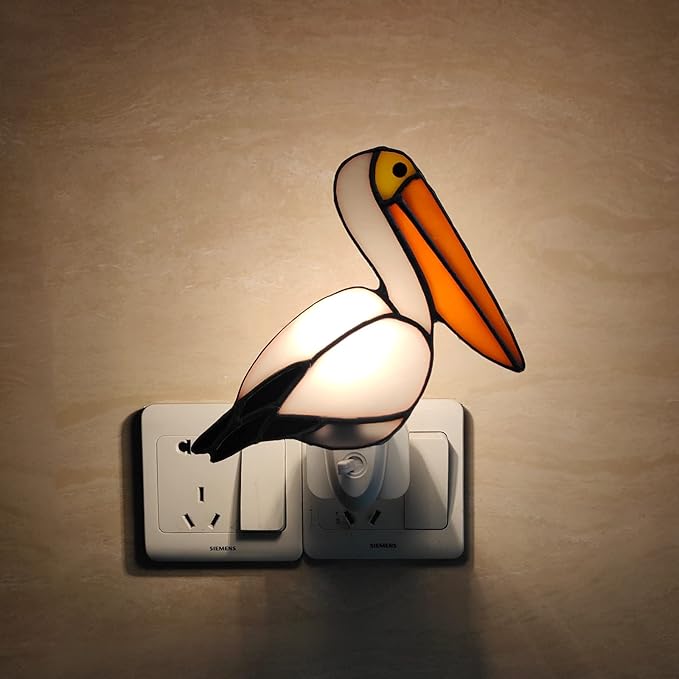 CHEZBABY Stained Glass Night Light Plug into Wall Lamp Decorative Accent Nightlight for Hallway Bedroom Bathroom Kitchen Home Décor(Pelican)