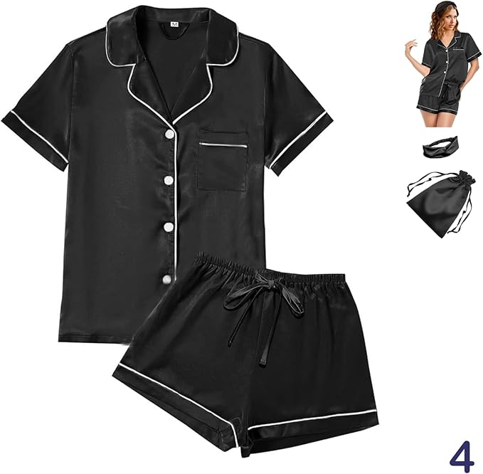 WJing Yi Jia 4Pcs Womens Satin Silky Pajama Sets Short Sleeve Shirt XS-4XL Floral Pajamas Set Soft PJ Loungewear Sleepwear