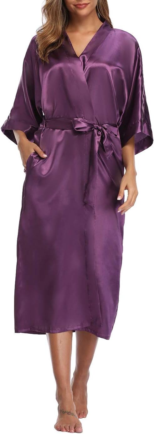 Women's Silk Robes Soft Long Satin Kimono Bathrobe Bride Bridesmaid Wedding Party Robes Sexy Sleepwear with Pockets