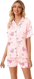Umeyda Women & Girls Pajamas Set, Soft Satin Lightweight Silk Button-Down Top with Shorts 2 Piece PJS for Mom Boys Kids Gifts