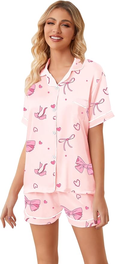 Umeyda Women & Girls Pajamas Set, Soft Satin Lightweight Silk Button-Down Top with Shorts 2 Piece PJS for Mom Boys Kids Gifts