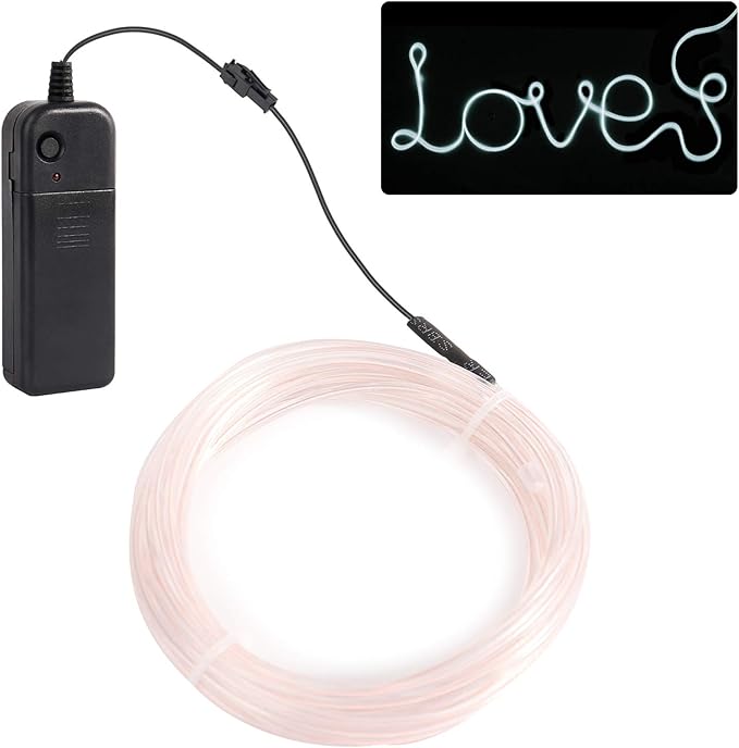 JIGUOOR EL Wire Battery Pack 16.4ft / 5m Bright Neon Light Strip 360° Illumination Neon Tube Rope Lights for DIY, Festival, Party Decoration, Pub, Halloween, Chrismas (16.4ft / 5m, White)