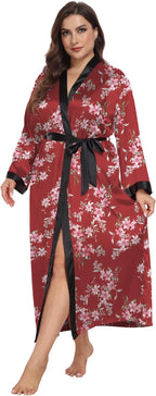 Womens Plus Size Silky Satin Kimono Robe Floral Long Bathrobe Wedding Sleepwear Dressing Gown
