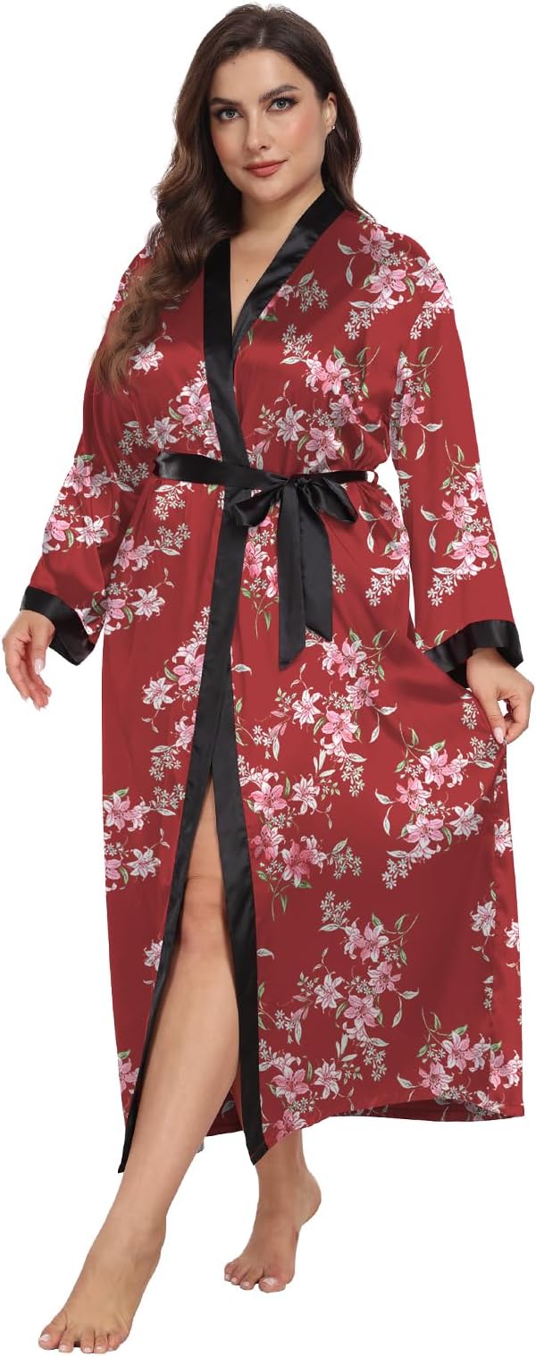 Womens Plus Size Silky Satin Kimono Robe Floral Long Bathrobe Wedding Sleepwear Dressing Gown
