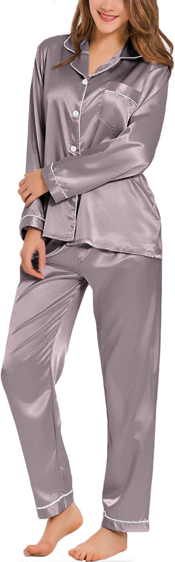 SWOMOG Womens Silk Satin Pajamas Set Long Sleeve Button Down Sleepwear 2 Piece Lounge Set Pj Set XS-3XL