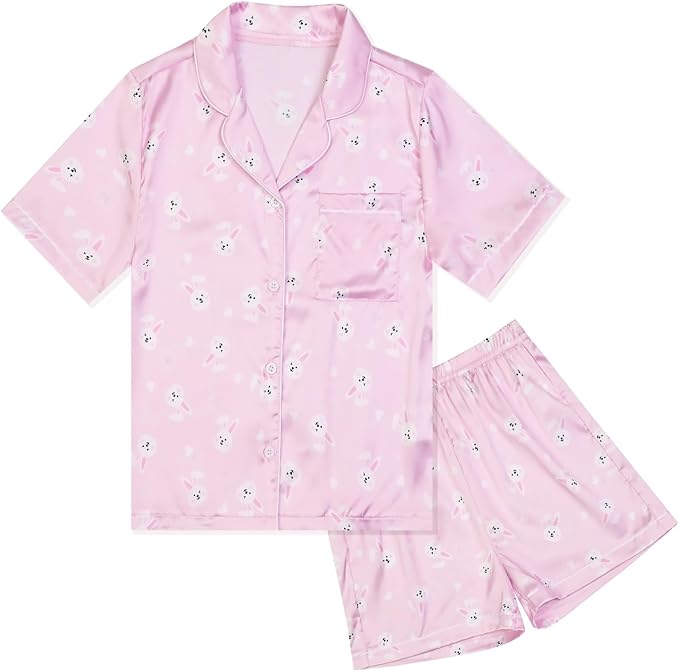 QPANCY Kids Satin Pajamas Sets Baby Boy Girl Button-Down Silk Sleepwear 2 Piece Short Sleeve Loungewear Clothes Set