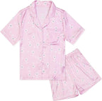 QPANCY Kids Satin Pajamas Sets Baby Boy Girl Button-Down Silk Sleepwear 2 Piece Short Sleeve Loungewear Clothes Set
