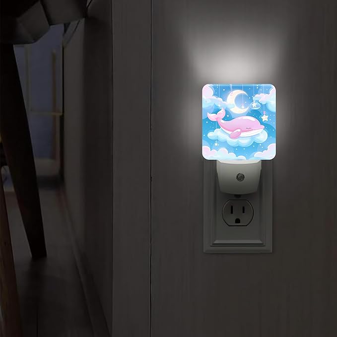 Whale Night Lights Plug Into Wall, Cute Playful Moon Stars Summer Peach Energy Saving Automatic Led Night Lights for Bedroom Bathroom Hallway Kitchen Decor 1pcs