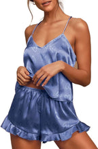 CHYRII Women's Sexy Silk Satin Ruffled Pajamas Sets Cami Shorts Sets Sleepwear