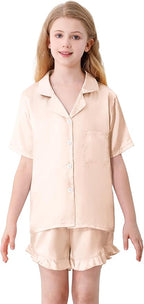 Umeyda Girls & Women Satin Pajamas Set Button Down 2 Piece Silk Pjs Shorts Set Ruffle Sleepwear, 5 Years-Women L