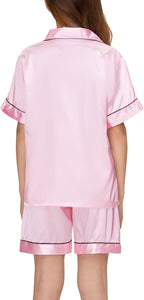 EPLAZA Kids Satin Pajamas Sets Girls Boys Button-Down Silky Pajamas Sleepwear with Hairband Eye Mask Hair Tie