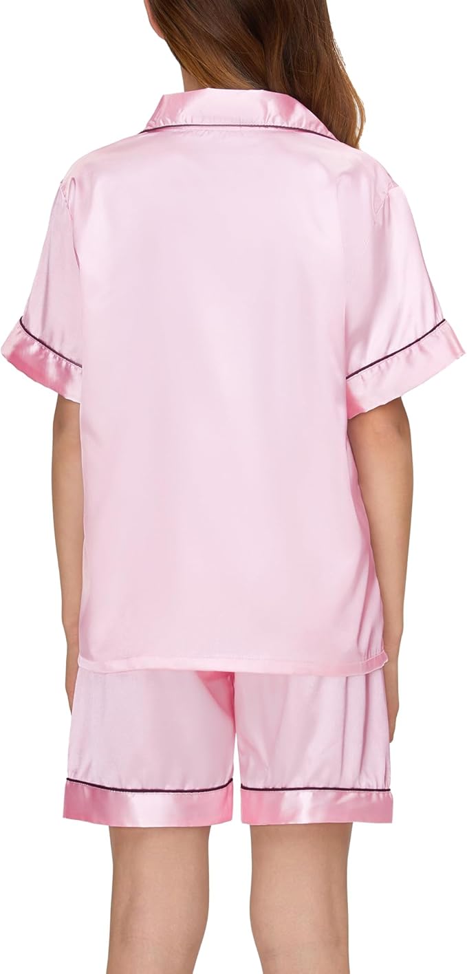 EPLAZA Kids Satin Pajamas Sets Girls Boys Button-Down Silky Pajamas Sleepwear with Hairband Eye Mask Hair Tie