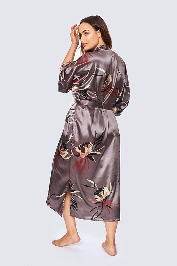 KIM+ONO Plus Size Luxury Kimono Robe for Women | Long Satin Floral Robe | Original Design | Removable Waist Tie Closure